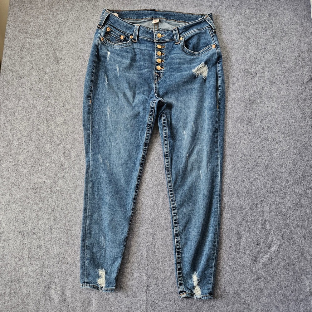 True Religion Jennie Curvy High Rise Skinny Jeans Blue Distressed Button Fly 32